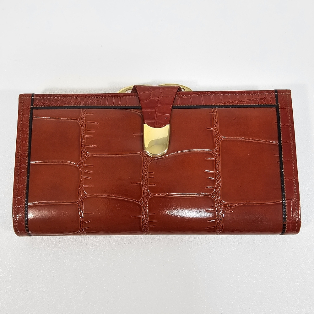 Vintage TipTop Leather Wallet Brown Reptile Pattern Gold Tone Hardware